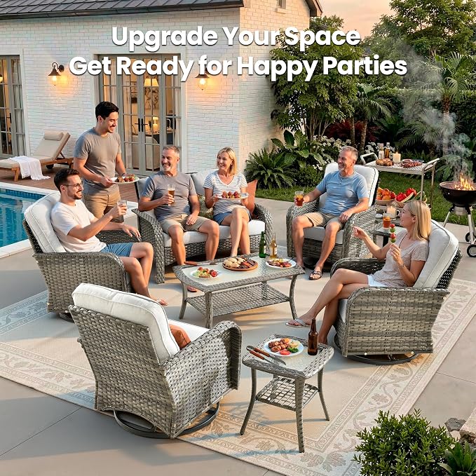 7 Piece Wicker Patio Furniture Set with Swivel Chairs, Light Gray | High Back Swivel Rocker Chairs, Outdoor Loveseat Sofa, Coffee Table, Rattan Conversation Set, Porch Deck Backyard Poolside