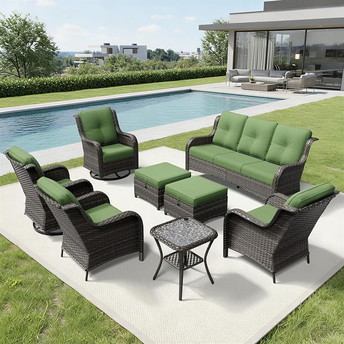 Joyside 8 Piece Wicker Patio Furniture Set, Outdoor Swivel Rocker Patio Chairs with High Back, Deep Seating, Wide Armrest, Thickened Cushions, Outdoor Furniture for Deck, Porch Use