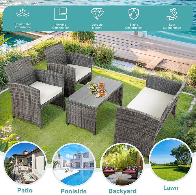 SUNLEI Patio Furniture Set 4 Piece Outdoor Furniture Set, PE Rattan Wicker Patio Conversation Set with Cushions & Glass Coffee Table, Backyard Patio Seating for Balcony Porch Garden Poolside, White