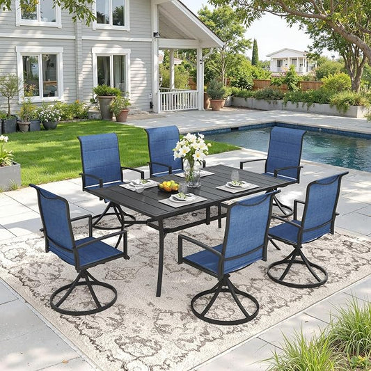 DIFY 7 Piece Outdoor Patio Dining Set for 6, 59.2" Black Rectangle Metal Dining Table and Swivel Patio Chairs with Blue Padded Textilene, All-Weather Outdoor Furniture Set for Garden Backyard Porch