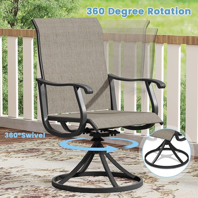 DIFY Patio Table and Chairs Set for 4, 5 Piece Outdoor Dining Set, 37.8" Walnut Square Metal Dining Table with Umbrella Hole and 4 Brown Textilene Swivel Patio Chairs, for Garden Backyard Deck