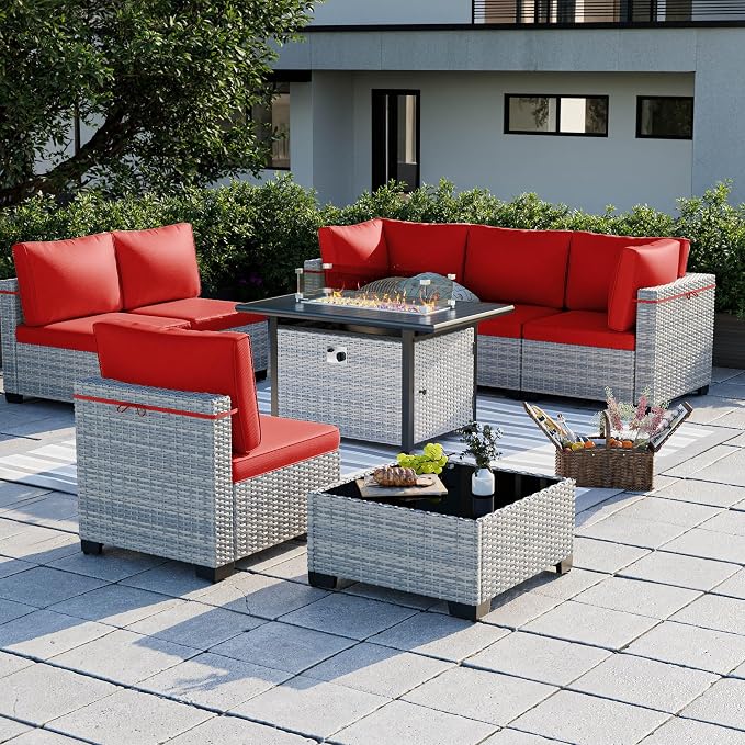 8-Piece Patio Furniture Set, Outdoor Patio Furniture with 55,000 BTU Fire Pit Table, Thick Cushions, Modular Patio Sofa, Dual-Strand Wicker Rattan, Rust-Resistant Frame, Red
