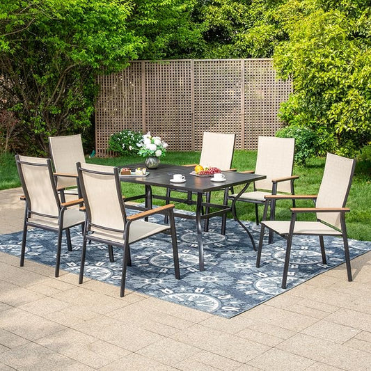 MFSTUDIO 7 PCS Patio Dining Set with 6 Stacking Aluminum Armchair(Beige) and 1 Rectangular Heavy Duty Table