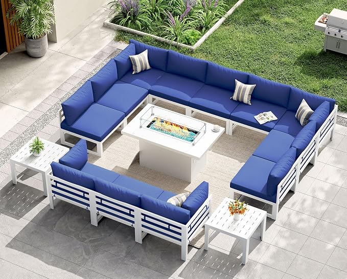 NICESOUL 15 Piece XL Aluminum Patio Sectional Furniture Set with Fire Pit & Side Table, 500 lbs Heavy Duty Outdoor Sofa, 29" Extra Deep Seating, High End Conversation Couch for Poolside, Navy Blue