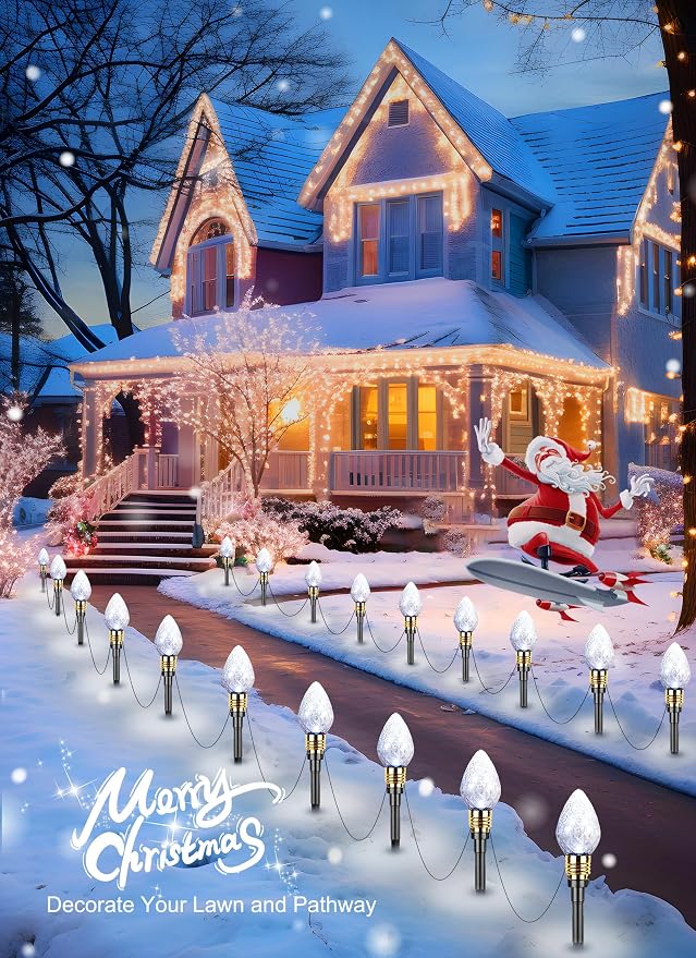 2 Pack Strawberry C9 Christmas Pathway Lights Outdoor, Total 34.8FT 20 LED | Connectable Christmas Walkway Light, Waterproof Christma Lights Outdoor Decorations for Yard Lawn Holiday Outside, Pure White