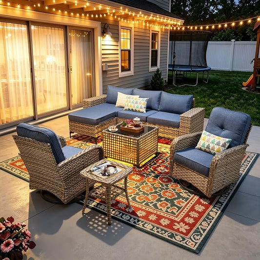 8-Piece Wicker Outdoor Sectional Furniture, Wide Armrest Patio Couch with Swivel Rocking Chair Ottoman Solar Table, Modular Sofa Rattan Conversation Sets for Backyard Deck Garden, Denim Blue