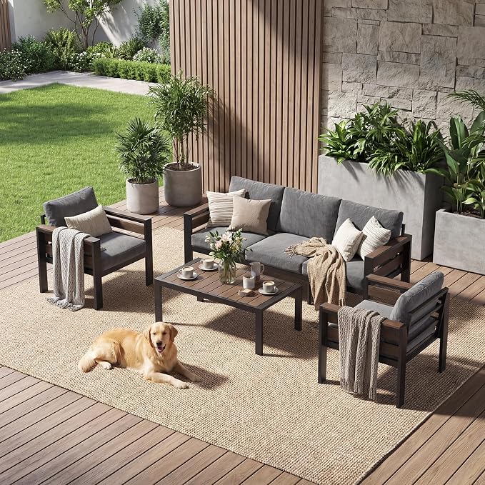 Outdoor Aluminum Patio Furniture Set, 5 Seat 4 Pieces Patio Conversation Sets with 28D Thick Washable Cushions and Coffee Table, Oversized Metal Sectional Sofa Set for Backyard Porch Deck Dalcony
