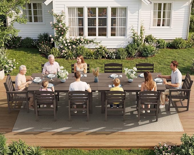 SERWALL 7-Pc HDPE Patio Dining Set, 1 Table & 6 Armless Chairs, Coffee | HDPE Outdoor Dining Set with Rectangular Table & 6 Armless Chairs, All-Weather Resistant SERWALL Dining Set for 6