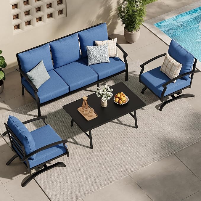ALAULM 4 Piece Patio Furniture Set,Outdoor Metal Patio Furniture with Coffee Table & Rocking Chairs Conversation Set for Porch,Backyard,Poolside, Garden-DarkBlue