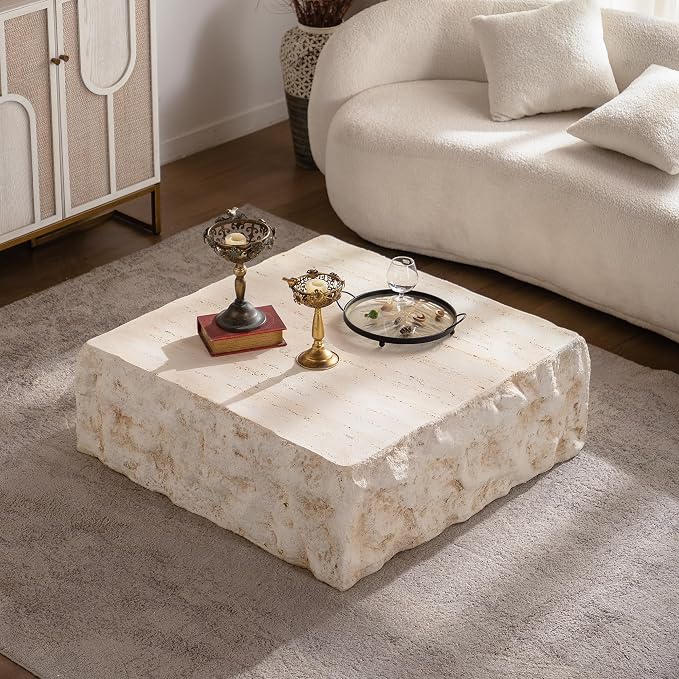 Square Coffee Table for Living Room Outdoor Faux Stone Coffee Table Amber Travertine Concrete Pattern, 35.43" Modern Low Center Tables, No Need Assemble,Beige