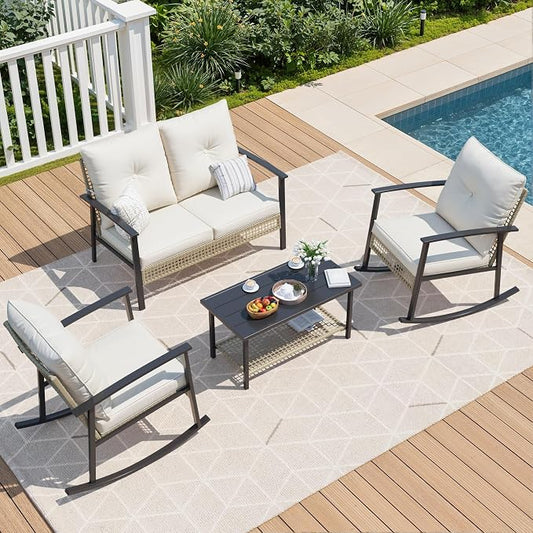 Deersky 4 Piece Outdoor Patio Furniture Set, Outdoor Rocking Chairs and Table, All-Weather Modern PE Wicker Rattan Patio Conversation Set for Porch Sunroom Deck and Yard, Cream White