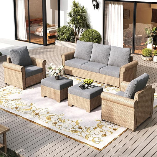 Patio Furniture Set 5 pcs, Wicker Rattan Outdoor Furniture with 5.5” Thick Cushions, 3-Seat Sofa, 2 Chairs and 2 Ottomans, Outdoor Conversation Set for Garden Backyard Deck, 7 Seats Grey