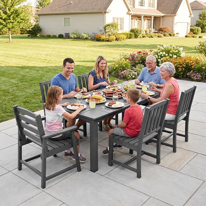 LOUNZY 7 Piece Patio Dining Set for 6, Outdoor Table and Chairs,Grey | 75.2” table,6 seat patio dining set, HDPE wood-look, fade resistant and waterproof, low maintenance outdoor furniture