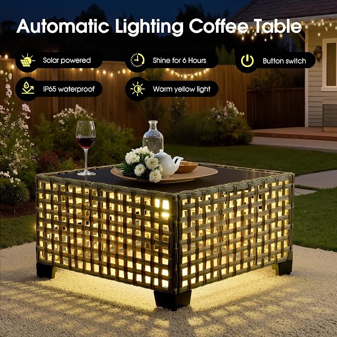 Rattan Patio Furniture Set with Swivel Chairs,9 Pieces Outdoor Sectional with Ottoman Glowing Coffee Table,Out Door Furniture Conversation Set,Orange Red