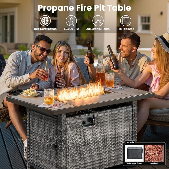 ovios 7-Pieces Patio Furniture Set with 42" Fire Pit Table Swivel Chairs, Outdoor Wicker Sofa Couch Gliders Rocker, High Back Modern Conversation Set, Grey Rattan, Grey