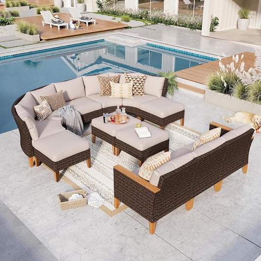 GREEN PARTY 12 Pieces Wicker Patio Furniture Set, All-Weather Outdoor Rattan Half-Moon Curved Patio Sectional Sofa Conversation Set with 4" Thick Cushions for Garden, Backyard, 2 x Ottomans