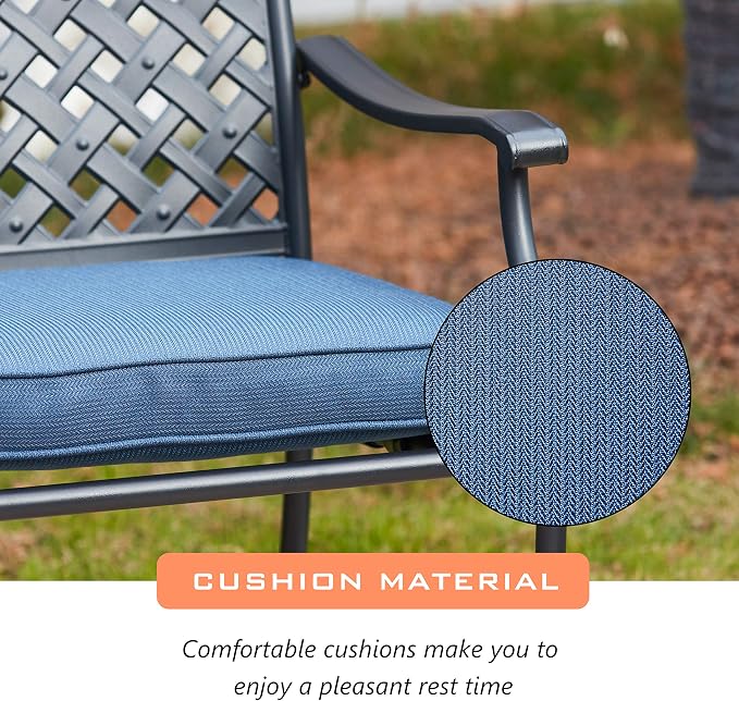 LOKATSE HOME 5 Piece Outdoor Patio Metal Dining Set with 4 Outdoor Iron Arm Dining Chairs with Seat Cushions and 1 Outdoor Dining Table with Umbrella Hole-Blue