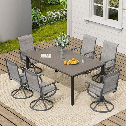 VICLLAX 7 Pieces Patio Dining Set, Patio Furniture Set of 6 Patio Swivel Dining Chairs and Rectangular Patio Table, Grey Chairs & Antique Grey Tabletop