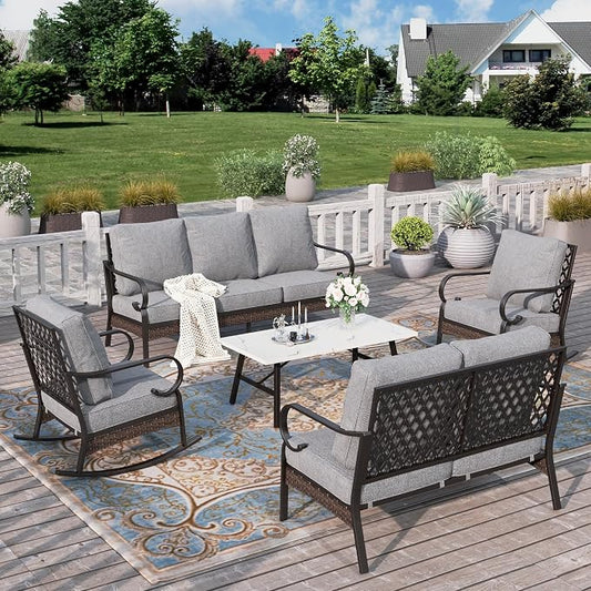 HERA'S HOUSE 5 Piece Metal Patio Furniture Set, 7 Seats All Weather Outdoor Conversation Set, 3 Seat Sofa with Loveseat, 2 Rocking Chairs, Coffee Table for Backyard, Garden, Deck, Grey