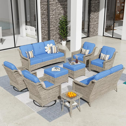 HOOOWOOO 9 Piece Patio Furniture Conversation Sets with Swivel Rocking Chairs,Outdoor Wicker Furniture with Ottoman,All Weather Resistant High Back Rattan Conversational Set(Diamond Blue)