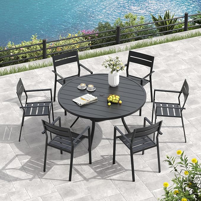 VICLLAX 47.2" Round Patio Table, Outdoor Dining Table for 6 with Umbrella Hole for Garden Lawn Deck Backyard, Black