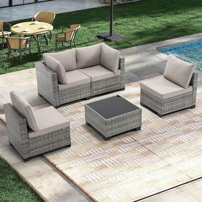 CANMOV 5 Pieces Patio Furniture Sets, All Weather Outdoor Patio Conversation Set, PE Wicker Rattan Sectional Sofa Couch Glass Coffee Table Washable Cushions for Backyard Garden, Poolside, Khaki