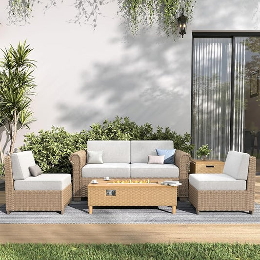 SUNSHINE VALLEY Patio Furniture Set, Sectional Wicker Outdoor Furniture with Fire Pit Table, 5.5" Thick Waterproof Cushion Modular Conversation 5 Pieces Sofa Set for Garden Deck Backyard, Beige