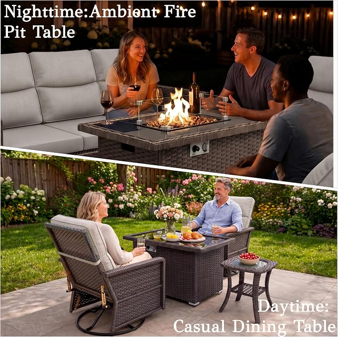 Brafab 7-Seat Piece Wicker Patio Furniture Set with 44" Propane Fire Pit Table, Outdoor Swivel Recliner Chairs with Adjustable Backrest & Footrest for Patio Conversation and Backyard Gathering, Beige