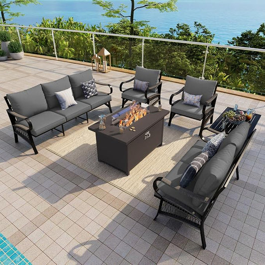 6-Piece Outdoor Furniture Set, Patio Conversation Set Include 3-Seater Sofa Single Chairs Loveseat Couch with Coffee Table and Fire Pit Table for Deck, Porch (Gray Cushions)