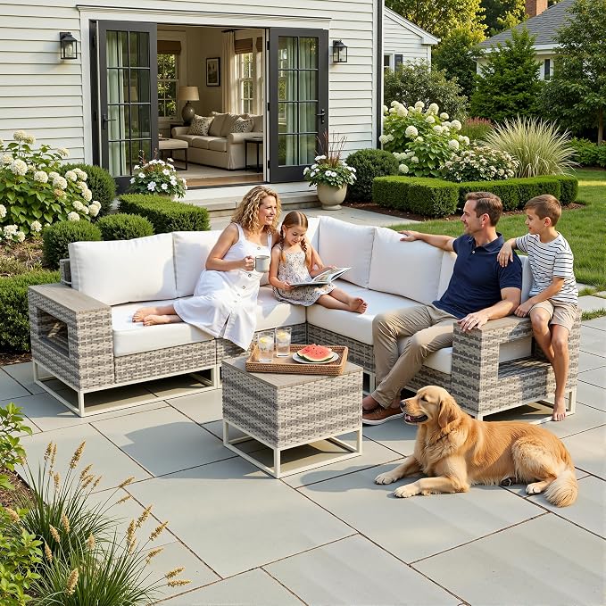 Outdoor Patio Furniture Set 6-Piece PE Rattan Wicker Outdoor Sectional Sofa with Thickened Cushions and Chunky Arms, Modern Modular L-Shaped Conversation Set for Garden, Backyard, White