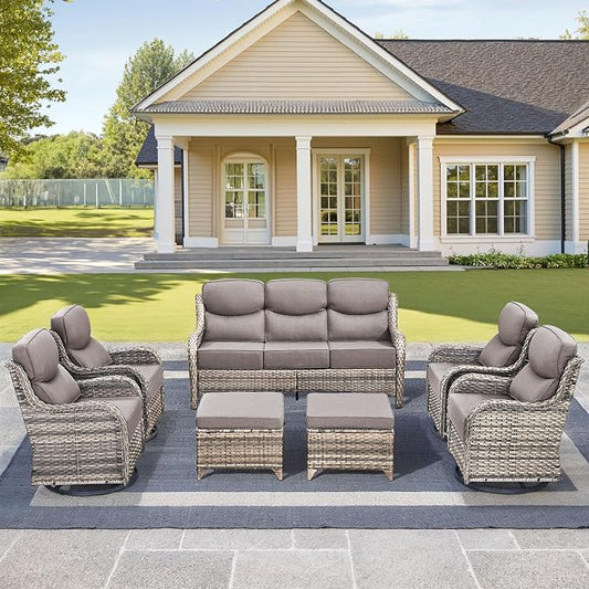 Luxury High Back Outdoor Furniture with 6-Inch Thick Cushions, Patio Furniture Set with Swivel Chairs, 7 PCS Wicker Conversation Set for Porch, Balcony, Deck and Yard