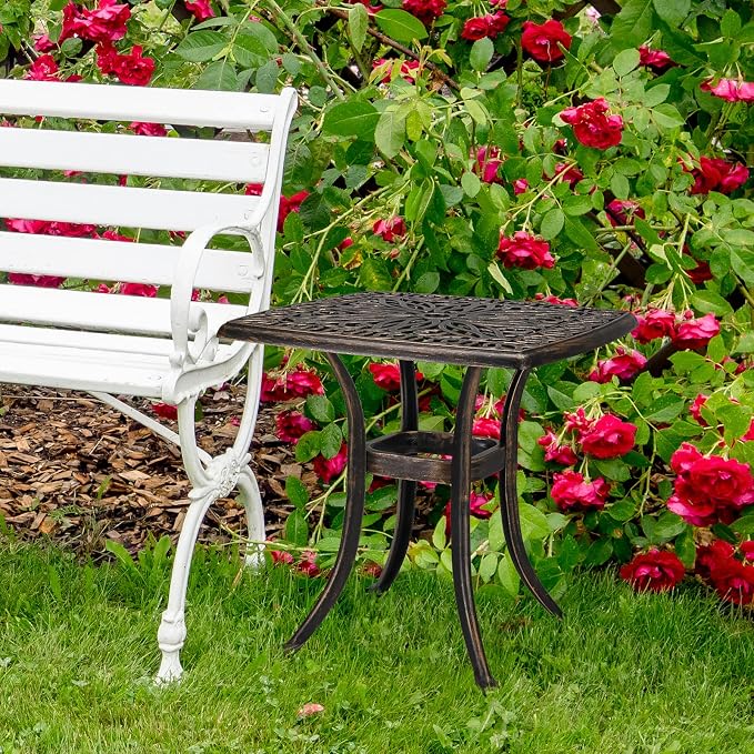 Cast Aluminum Outdoor Patio End Table,21.3" Cast Aluminum Outdoor Side Table, All Weather Patio Side Table End Table for Patio, Porch, Deck, Garden, Bronze (Square)