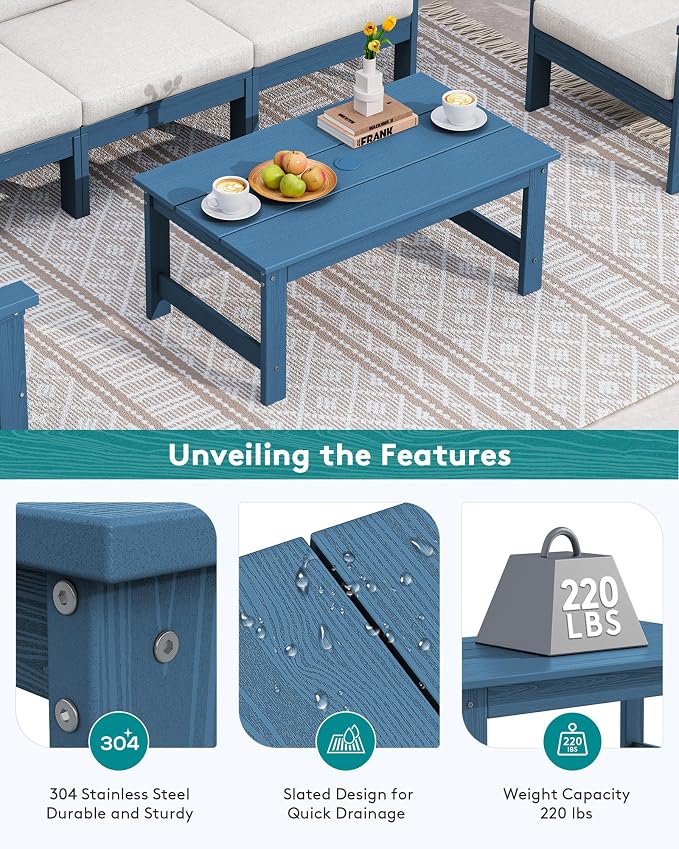SERWALL HDPE Patio Coffee Table, Rectangle Outdoor Coffee Table, All-Weather Coffee Side Table for Balcony, Poolside, Deck, Garden, Blue