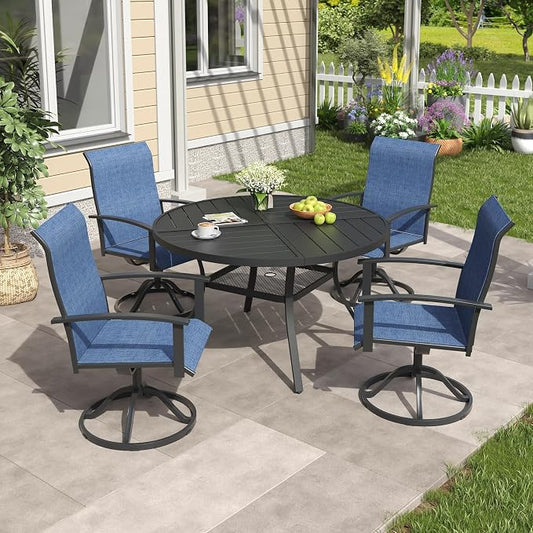 VICLLAX 5 Pieces Patio Outdoor Dining Set, 4 Swivel Textilene Chairs and 47.2" Round Metal Table with Umbrella Hole for Porch, Deck, Garden, Black/Dark Blue
