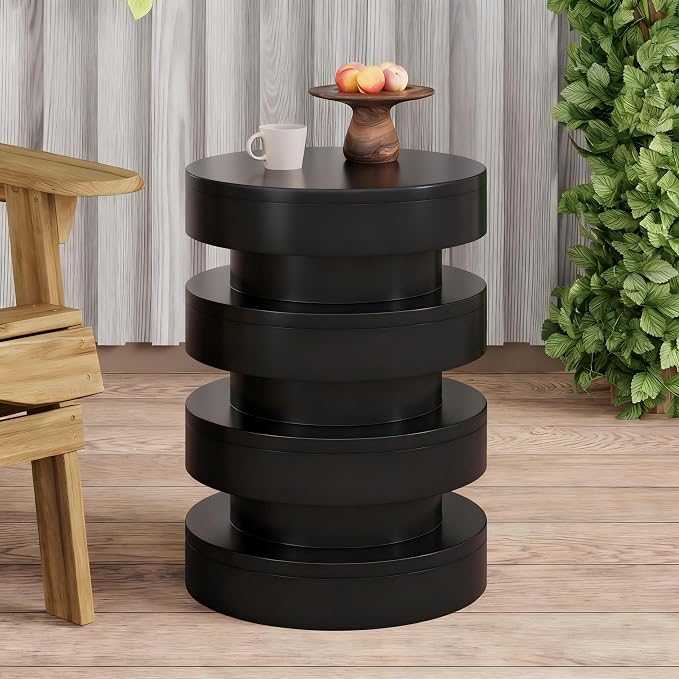 Christopher Knight Home Jeru Lightweight Concrete Round Coffee Table, Indoor and Outdoor Side Table for Living Room, MGO Small Side Table, 3-Tier Design, No Assembly Needed, Black