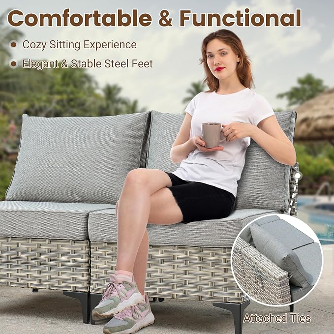 Outdoor Sectional Patio Furniture Set,5 Pieces Rattan Wicker Conversation Sets L Shaped Couch,Outside Furniture with Glowing Coffee Table,Dark Grey