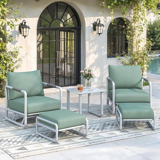 5-Pieces Round Aluminum Patio Furniture Set, Outdoor Swivel Rocking Chairs with 6.5" Thick Cushions & 2 Ottomans, All-Weather Rust-Resistant Frame Conversation Set for Porch, Garden, Backyard, White