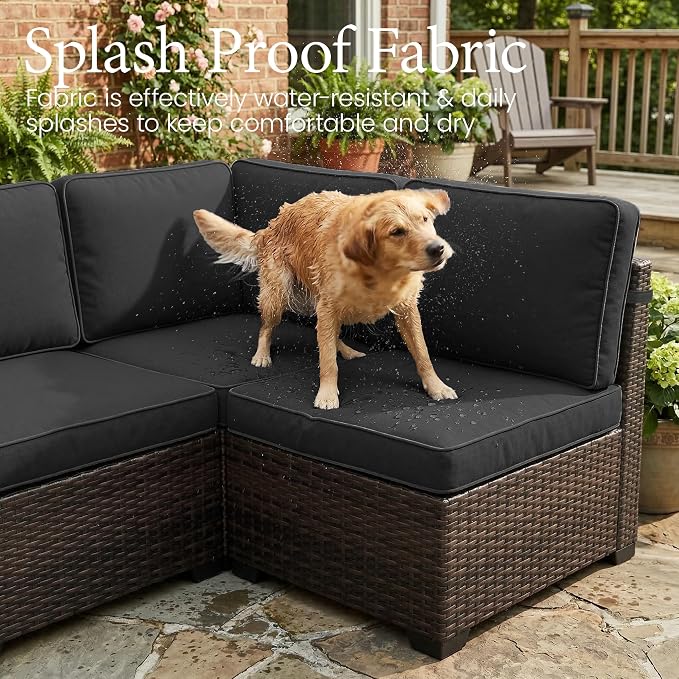 LayinSun 7 Pieces Outdoor Patio Furniture Set with 44" Fire Pit Table Brown Rattan Sectional Sofa Conversation Sets