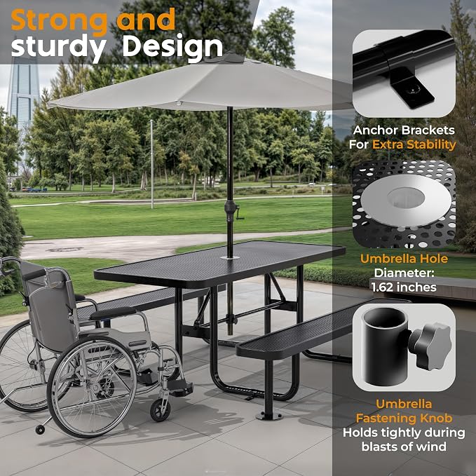 Commercial Heavy-Duty Metal Picnic Table - ADA Compliant, Adjustable Seats, Umbrella Hole (Black, 6' Rectangular, Punched Steel)
