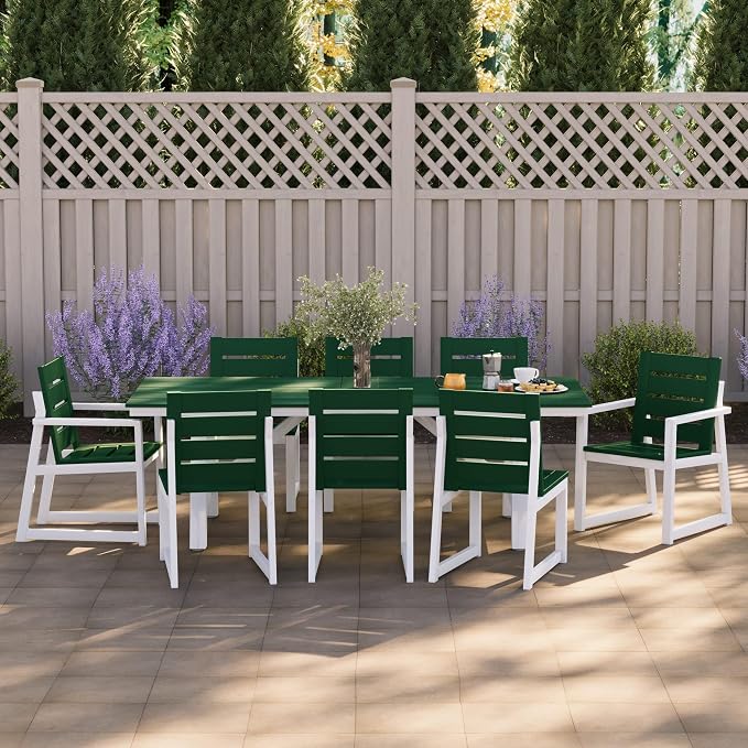 WestinTrends Cape May 9-Piece HDPE Outdoor Furniture Patio Dining Table with Umbrella Hole and Chairs Set for 8, Dark Green