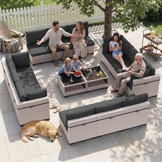 Patio Furniture Set, 14-Piece Outdoor Sectional Sofa with 2-Layer Glass Coffee Table, Wicker Patio Conversation Set with Black Cushions for Backyard, Poolside, Porch