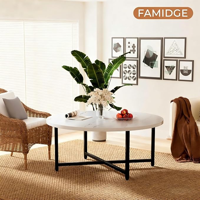 FAMIDGE Coffee Table, 31.5" Large Round Coffee Table for Living Room, Center Tables for Family & Office Use, Outdoor Coffee Table Round, Large White(31.5" D x 17.7" H)