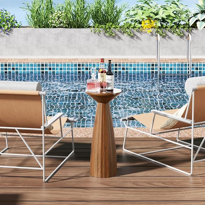 Modern Patio Side Table, Mid-Century Metal Outdoor End Table, Pedestal Round Accent Table for Poolside, Balcony & Living Room, Weather Resistant, No Assembly Required, Brown