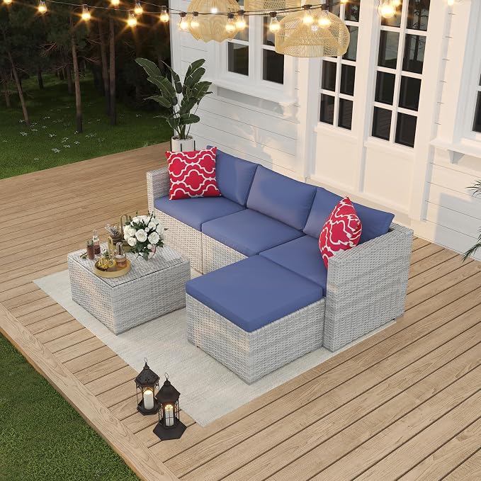5 Piece Patio Furniture Set, PE Wicker Modern Patio Conversation Set, Outdoor Furniture Set with Glass Coffee Table for Garden, Poolside, Backyard, Grey & Blue