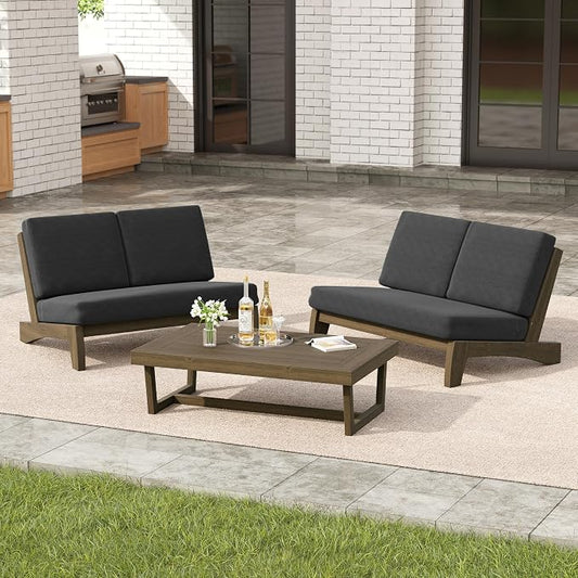 3 Pieces Patio Furniture Sets, All-Weather Outdoor Wood Bistro Set Patio Conversation Coffee Table Chiars and Patio Loveseat for Balcony, Backyard