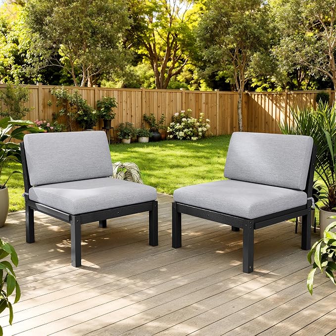 Outdoor Patio Chairs Set of 2, HIPS Modular Sectional Seatings & Thick Cushions– Side Interlock Easy to Connect, Weatherproof Patio Furniture Set for Backyard, Deck, Poolside (Black)