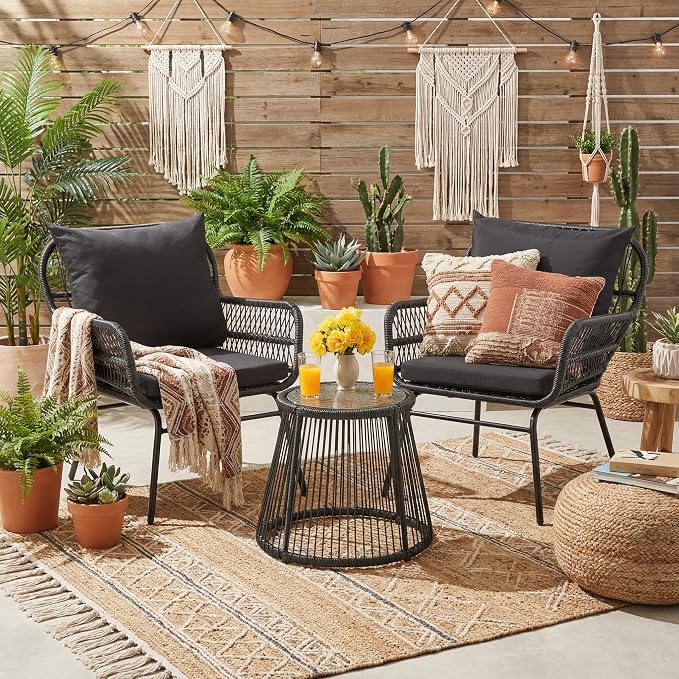 Bezseller 3-Piece Outdoor Patio Furniture Set - 20" Wide Seating w/ 2" Thick Cushions, 14.2" Seat Height - Modern Boho Furniture for Gardens, Balcony & Apartments