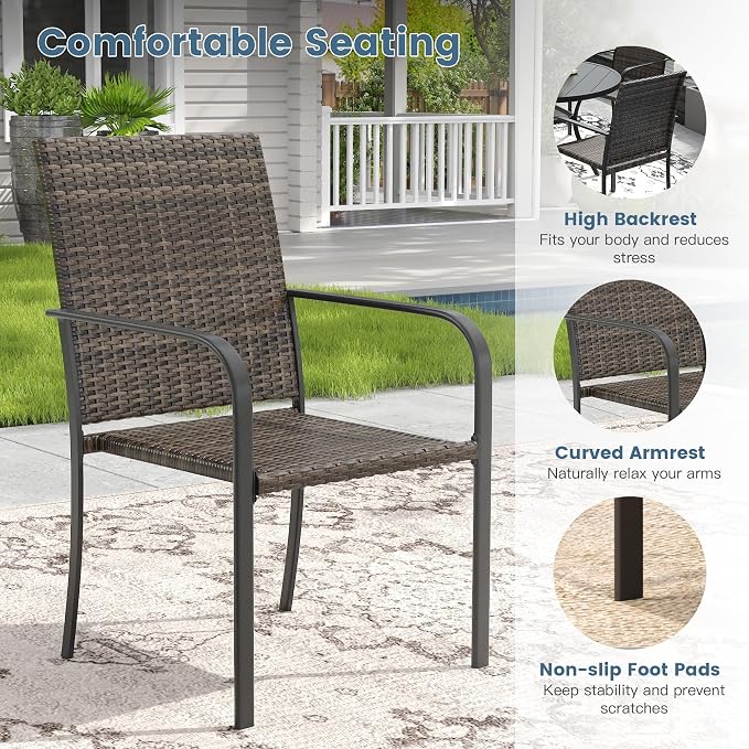 DIFY 9 Piece Outdoor Dining Set, Patio Table and Chairs Set for 8 with Umbrella Hole, 53" Black Round Dining Table & Stackable Wicker Patio Chairs, Metal Patio Furniture Set for Garden Backyard