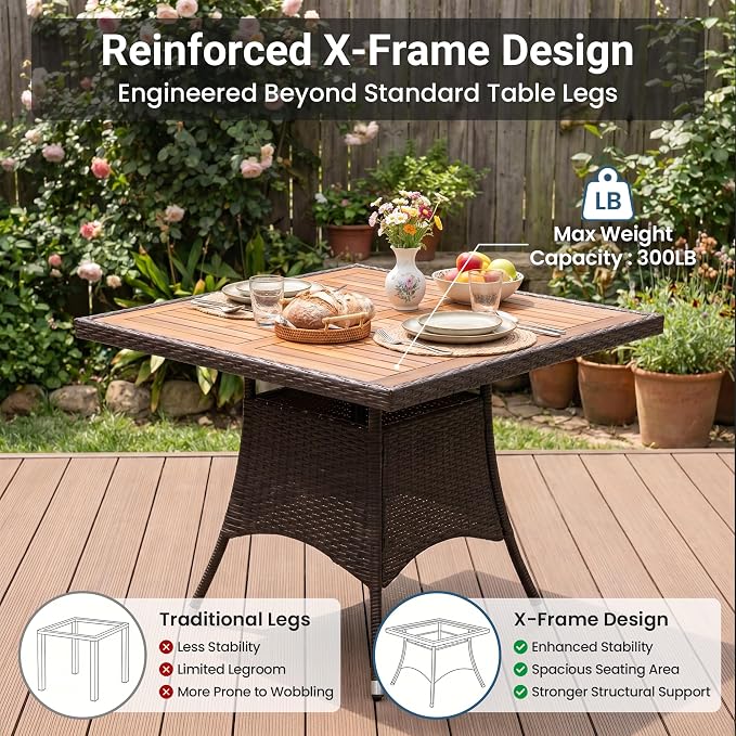 Wisteria Lane 5-Pieces Patio Dining Sets, Rattan Outdoor Table and Chairs with Acacia Wood Tabletop, Metal Patio Dining Furniture for 4 with Removable Cushions for Garden Backyard Deck, Brown