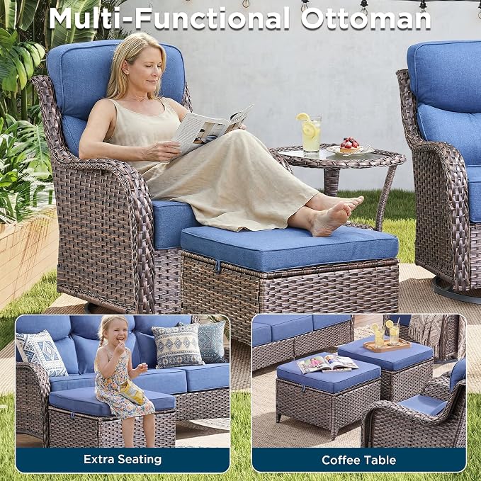 Luxury 5 Pieces Patio Furniture Set-Outdoor Swivel Rocker Patio Chairs with 6" Thick Cushions, Swivel Rocker Chairs with Ottomans & Side Table, Outdoor Conversation Sets for Porch Deck(Brown/Blue)
